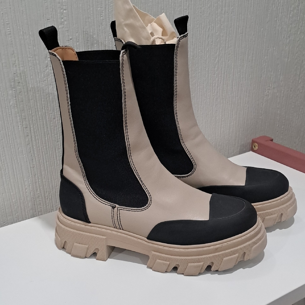 Ganni Black and Cream Combat Boots